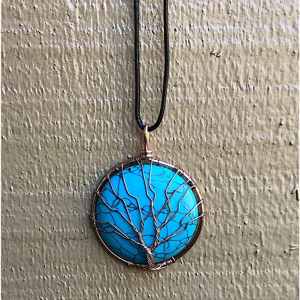 Turquoise pendant- handmade w/tree of life wire wrapped -NEW